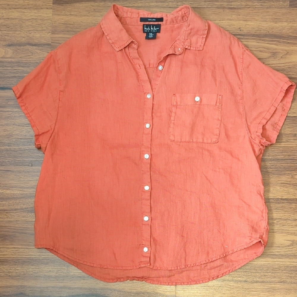 Nicole Miller Linen Short Sleeve Button Up Size Medium Orange Quiet Luxury